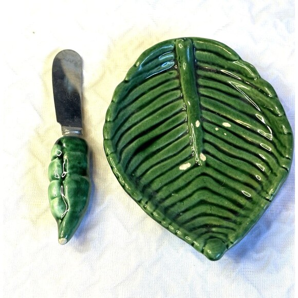Vintage Green Leaf butter dish Pea Pod knife J Morea Malicorne art deco - Picture 1 of 11